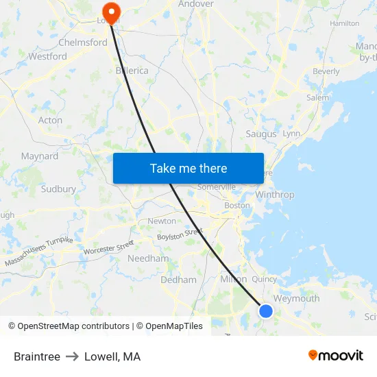 Braintree to Lowell, MA map