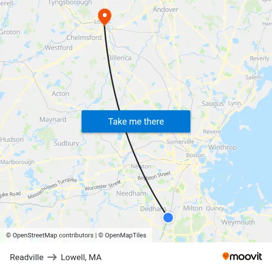 Readville to Lowell, MA map