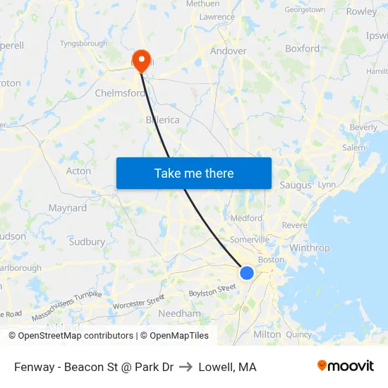 Fenway - Beacon St @ Park Dr to Lowell, MA map
