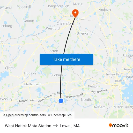 West Natick Mbta Station to Lowell, MA map