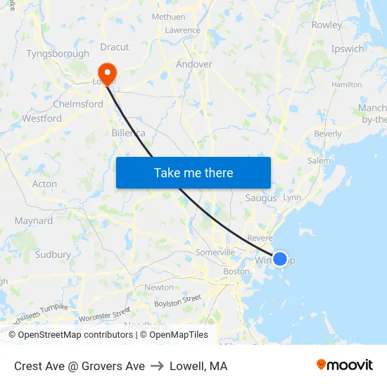 Crest Ave @ Grovers Ave to Lowell, MA map