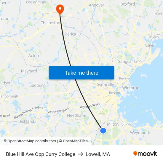 Blue Hill Ave Opp Curry College to Lowell, MA map