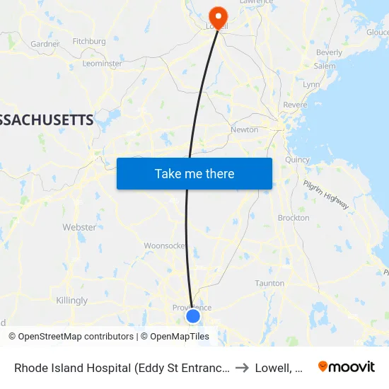 Rhode Island Hospital (Eddy St Entrance) to Lowell, MA map