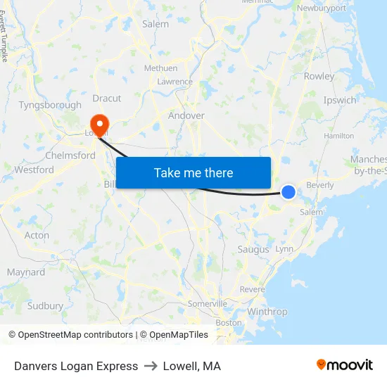 Danvers Logan Express to Lowell, MA map