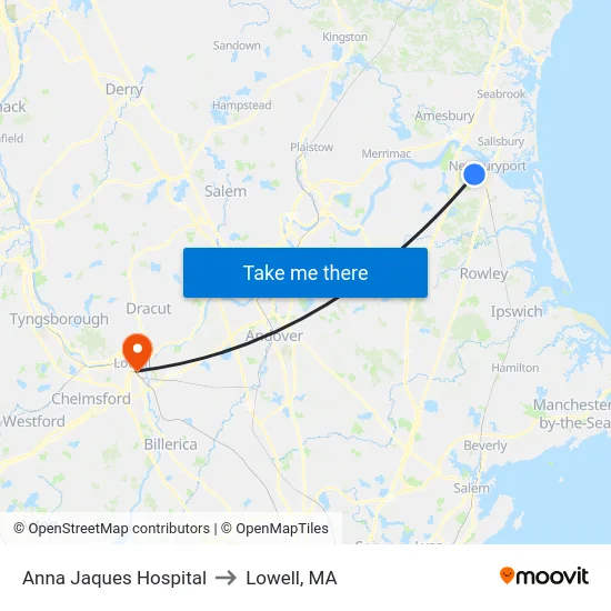 Anna Jaques Hospital to Lowell, MA map