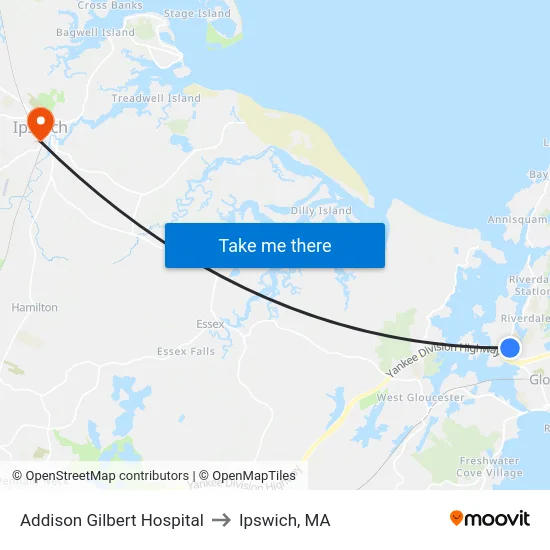 Addison Gilbert Hospital to Ipswich, MA map