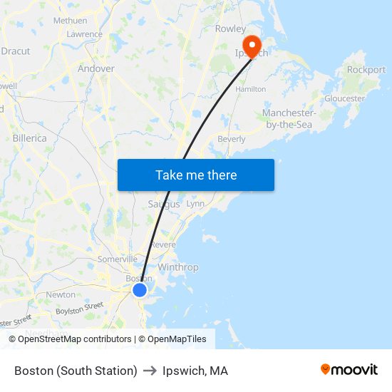 Boston (South Station) to Ipswich, MA map