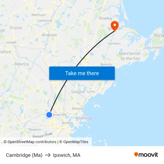 Cambridge (Ma) to Ipswich, MA map