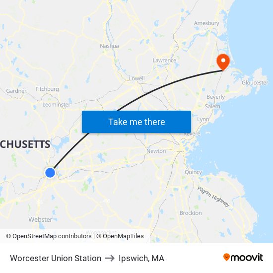 Worcester Union Station to Ipswich, MA map