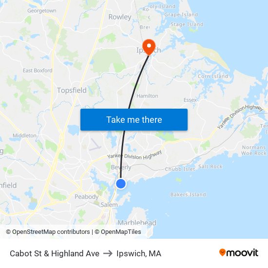 Cabot St & Highland Ave to Ipswich, MA map