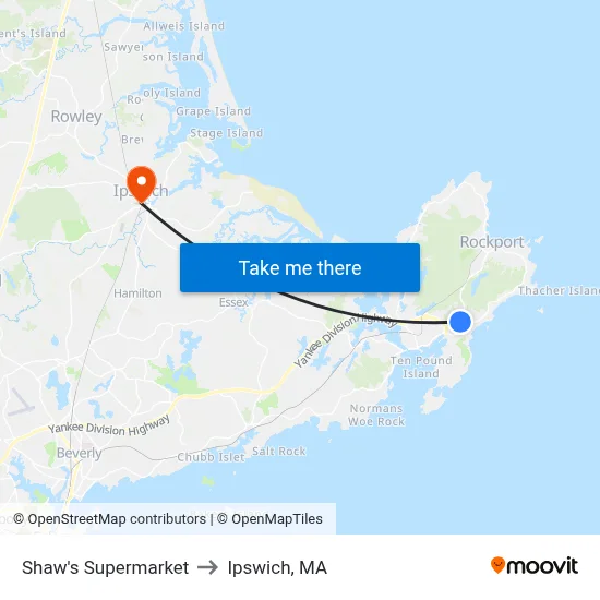 Shaw's Supermarket to Ipswich, MA map
