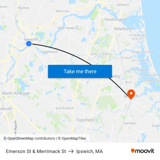 Emerson St & Merrimack St to Ipswich, MA map