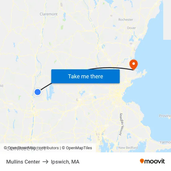 Mullins Center to Ipswich, MA map