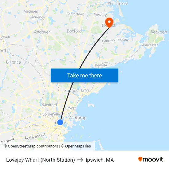 Lovejoy Wharf (North Station) to Ipswich, MA map