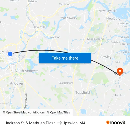 Jackson St & Methuen Plaza to Ipswich, MA map