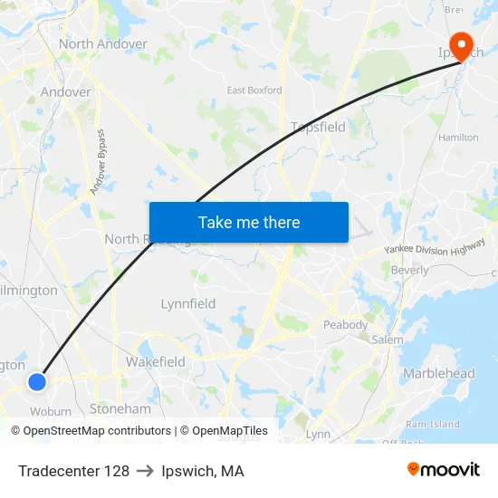 Tradecenter 128 to Ipswich, MA map