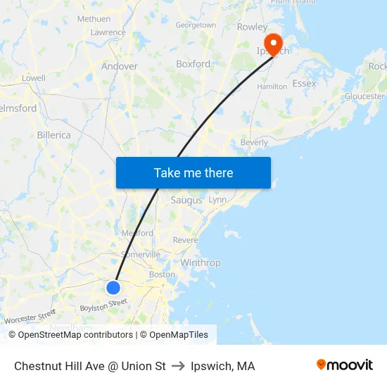 Chestnut Hill Ave @ Union St to Ipswich, MA map