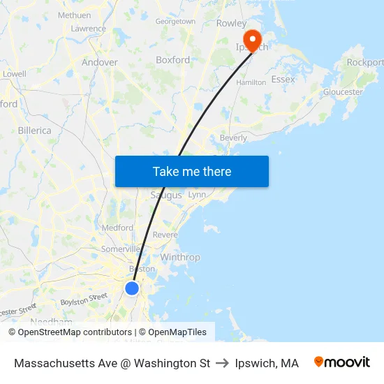 Massachusetts Ave @ Washington St to Ipswich, MA map
