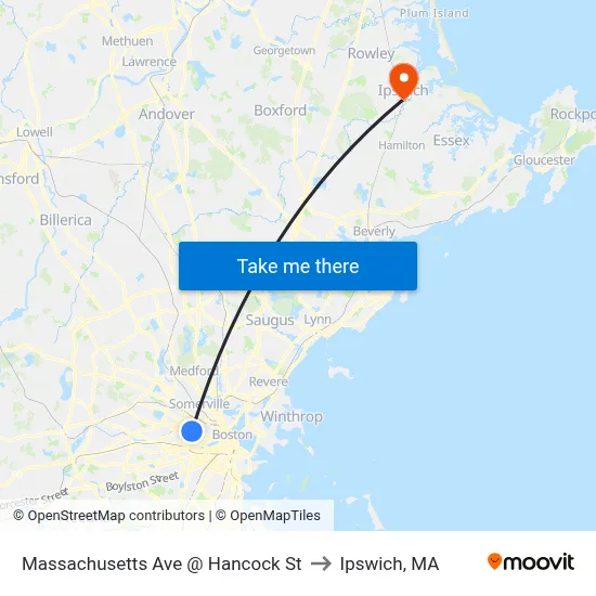 Massachusetts Ave @ Hancock St to Ipswich, MA map