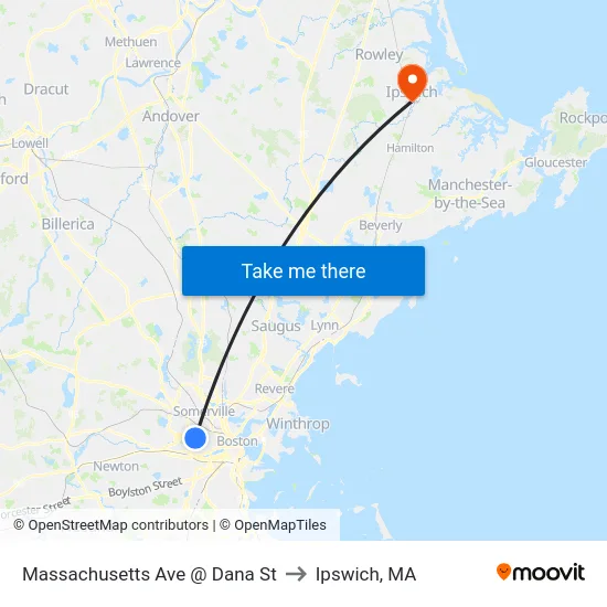 Massachusetts Ave @ Dana St to Ipswich, MA map