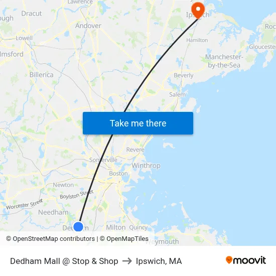 Dedham Mall @ Stop & Shop to Ipswich, MA map
