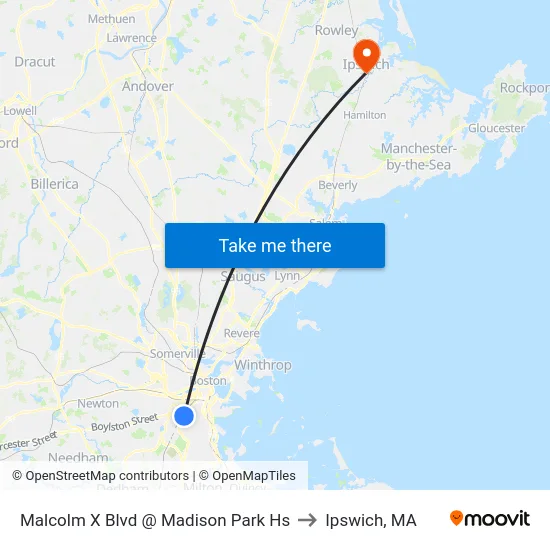 Malcolm X Blvd @ Madison Park Hs to Ipswich, MA map