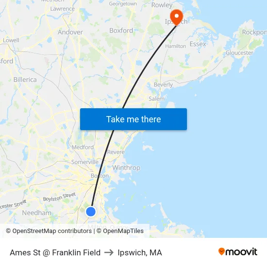 Ames St @ Franklin Field to Ipswich, MA map
