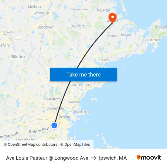 Ave Louis Pasteur @ Longwood Ave to Ipswich, MA map