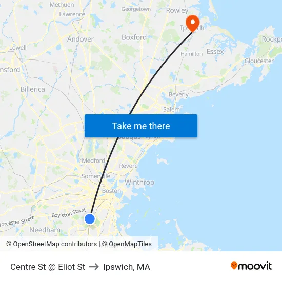 Centre St @ Eliot St to Ipswich, MA map