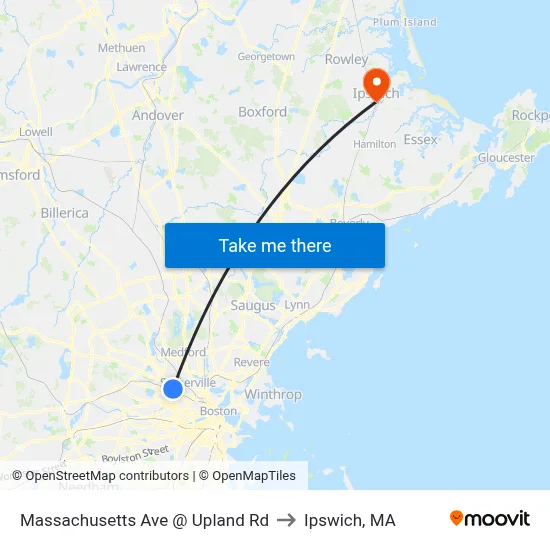 Massachusetts Ave @ Upland Rd to Ipswich, MA map