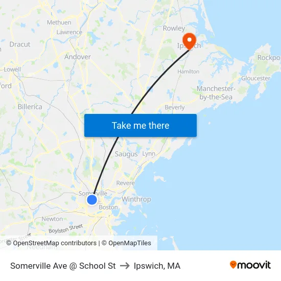 Somerville Ave @ School St to Ipswich, MA map