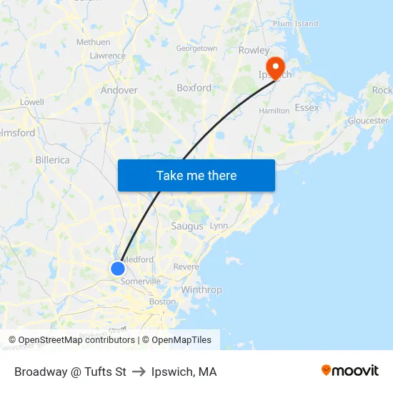 Broadway @ Tufts St to Ipswich, MA map