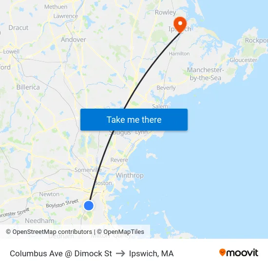 Columbus Ave @ Dimock St to Ipswich, MA map