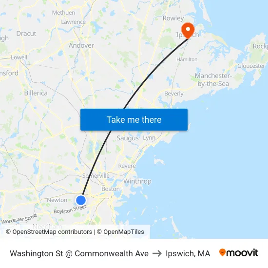 Washington St @ Commonwealth Ave to Ipswich, MA map