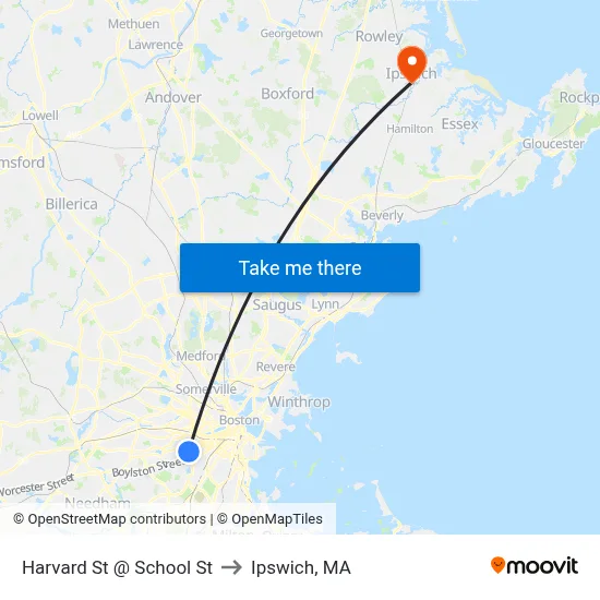 Harvard St @ School St to Ipswich, MA map