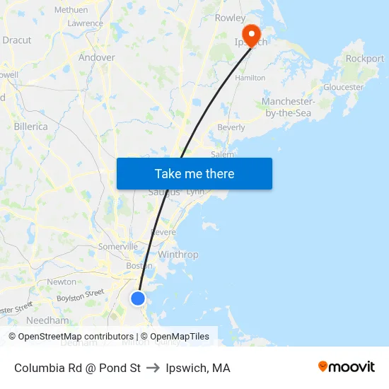 Columbia Rd @ Pond St to Ipswich, MA map