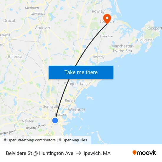 Belvidere St @ Huntington Ave to Ipswich, MA map