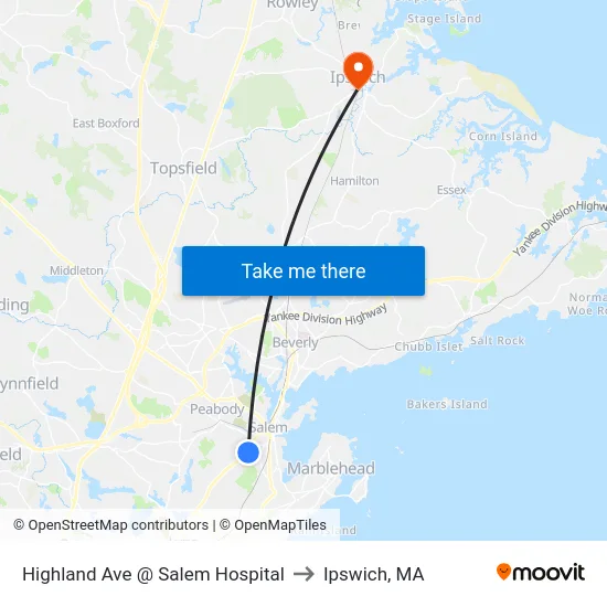Highland Ave @ Salem Hospital to Ipswich, MA map