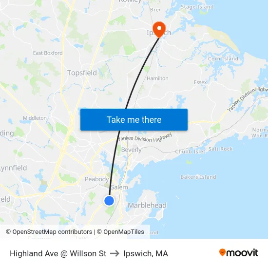 Highland Ave @ Willson St to Ipswich, MA map