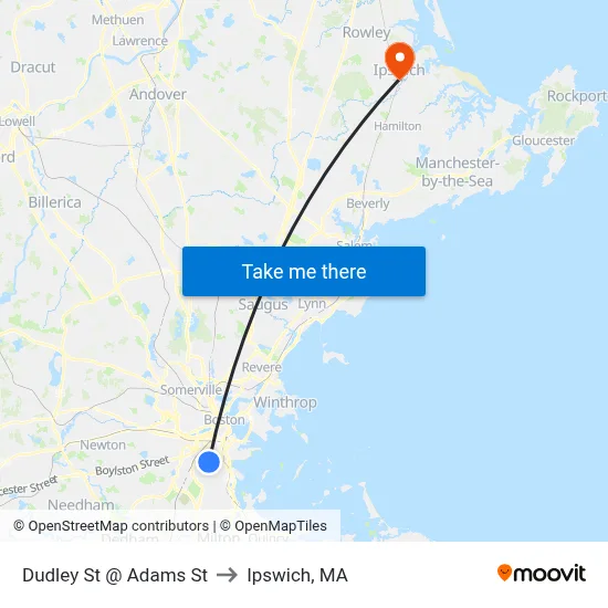 Dudley St @ Adams St to Ipswich, MA map