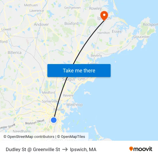 Dudley St @ Greenville St to Ipswich, MA map