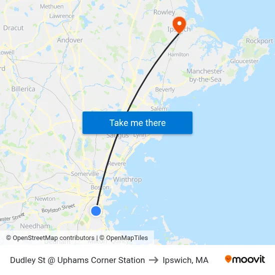 Dudley St @ Uphams Corner Station to Ipswich, MA map