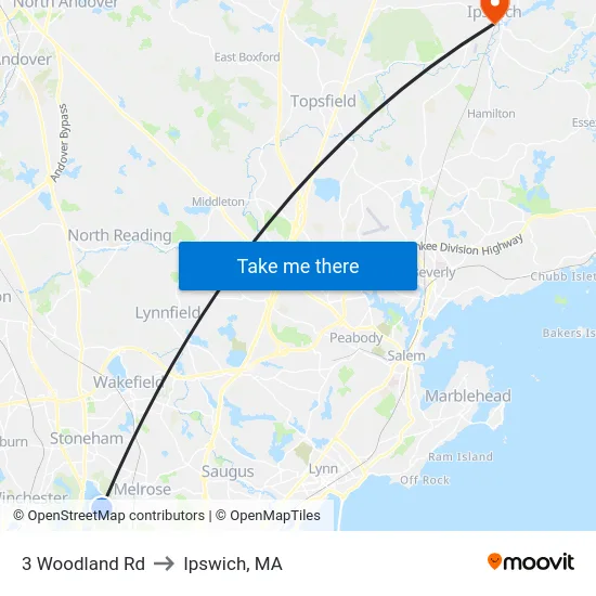 3 Woodland Rd to Ipswich, MA map