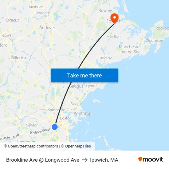 Brookline Ave @ Longwood Ave to Ipswich, MA map