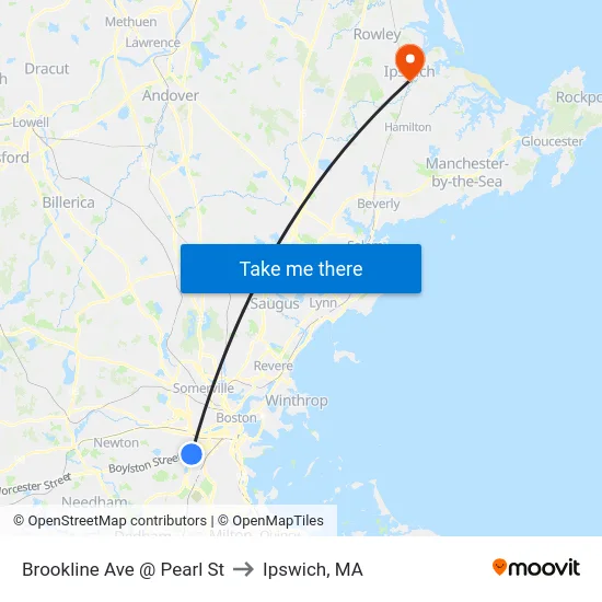 Brookline Ave @ Pearl St to Ipswich, MA map