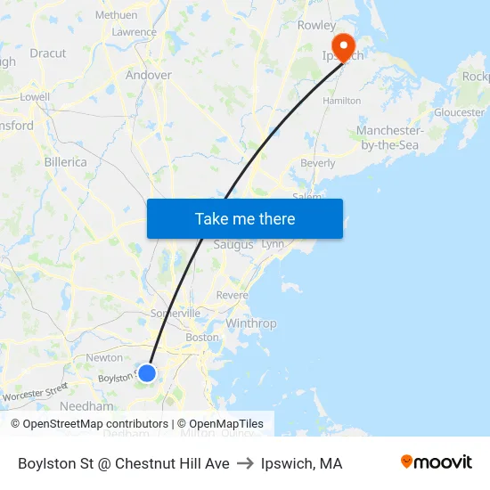 Boylston St @ Chestnut Hill Ave to Ipswich, MA map