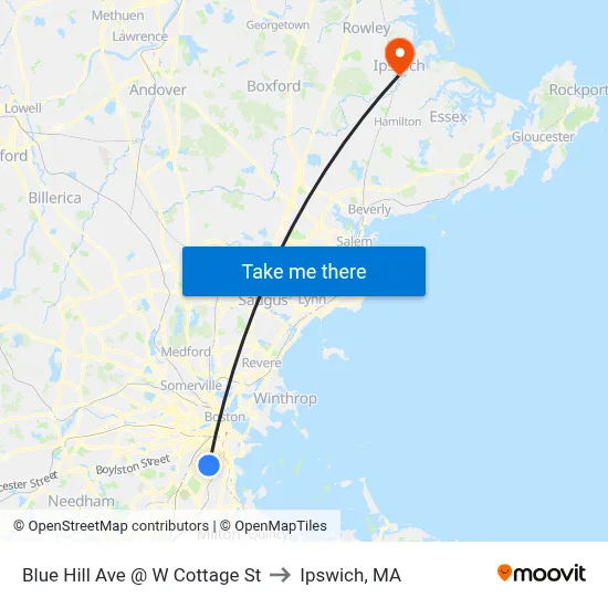 Blue Hill Ave @ W Cottage St to Ipswich, MA map