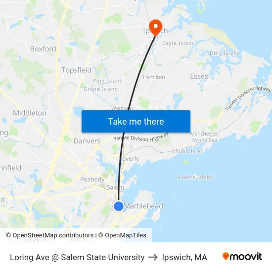 Loring Ave @ Salem State University to Ipswich, MA map