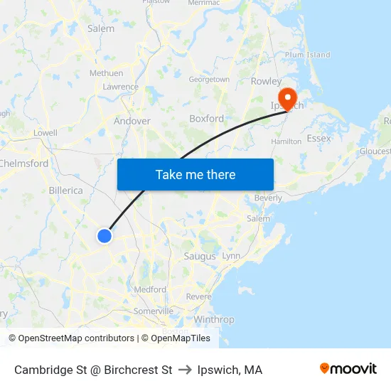 Cambridge St @ Birchcrest St to Ipswich, MA map