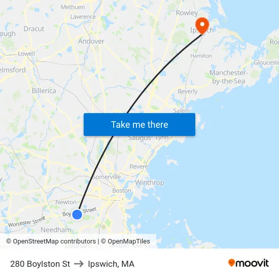 280 Boylston St to Ipswich, MA map